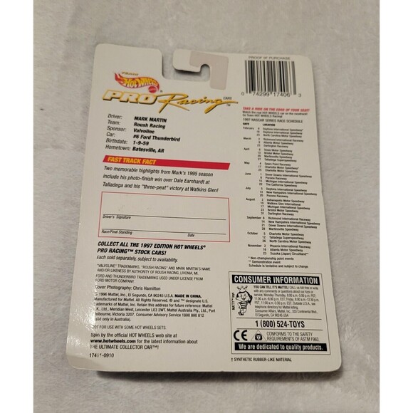 Hot Wheels Pro Racing #6 Mark Martin Hot Wheels with Collector Card 1997 - Picture 5 of 5